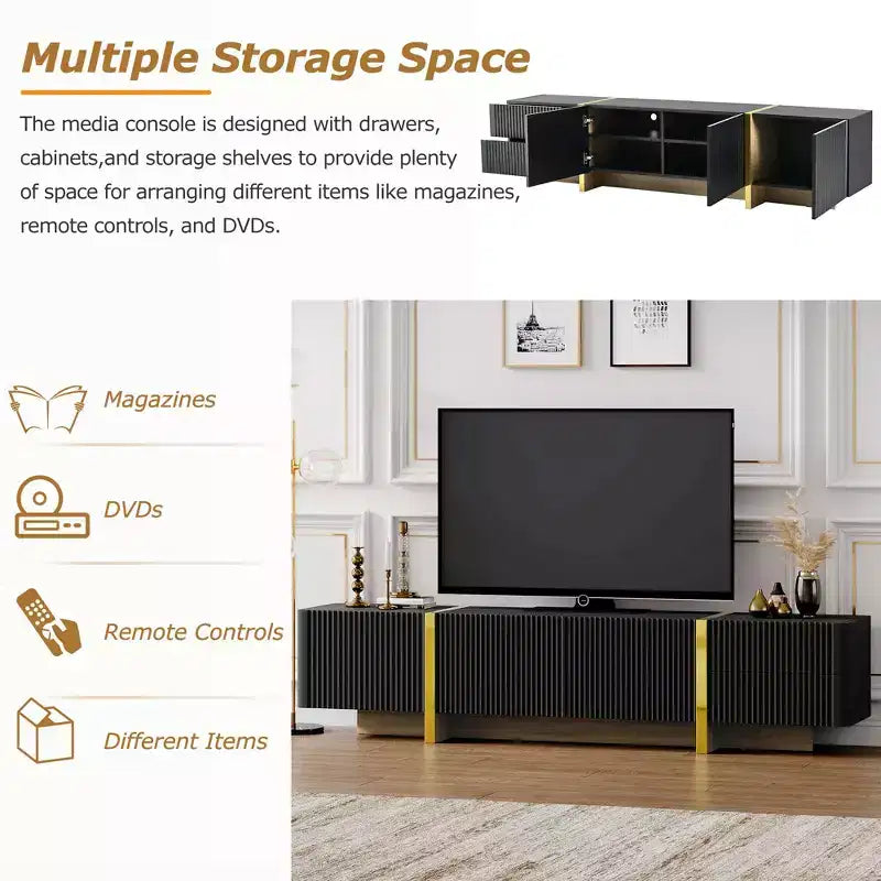 Meuble TV cannelé pour téléviseur de 80 pouces avec tiroirs de rangement, Meuble TV en bois, Meuble console média pour centre de divertissement avec pieds en bois doré