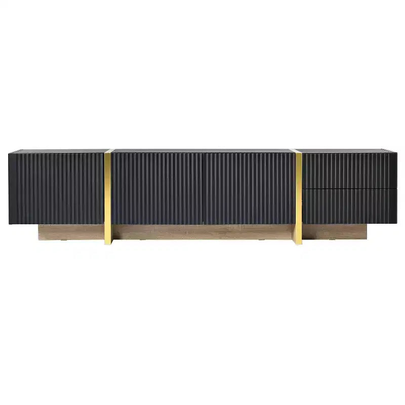 Meuble TV cannelé pour téléviseur de 80 pouces avec tiroirs de rangement, Meuble TV en bois, Meuble console média pour centre de divertissement avec pieds en bois doré