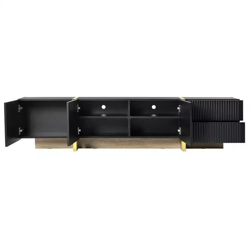 Meuble TV cannelé pour téléviseur de 80 pouces avec tiroirs de rangement, Meuble TV en bois, Meuble console média pour centre de divertissement avec pieds en bois doré