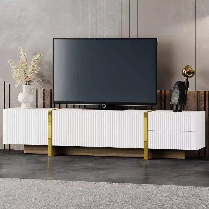 Meuble TV cannelé pour téléviseur de 80 pouces avec tiroirs de rangement, Meuble TV en bois, Meuble console média pour centre de divertissement avec pieds en bois doré