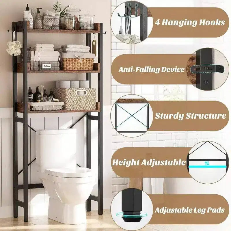 Meuble de rangement au-dessus des toilettes à 3 niveaux Étagère de salle de bain autoportante Gain de place Marron rustique avec 4 crochets