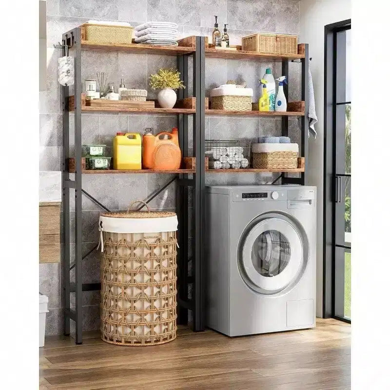 Meuble de rangement au-dessus des toilettes à 3 niveaux Étagère de salle de bain autoportante Gain de place Marron rustique avec 4 crochets