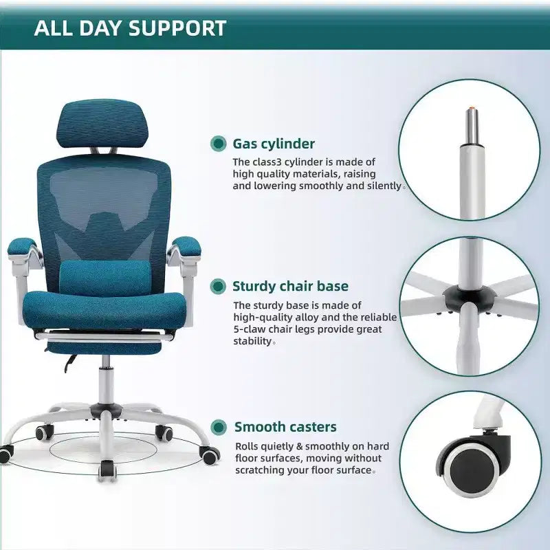 Chaise de bureau ergonomique avec repose-pieds, chaise de bureau en maille à dossier haut avec appui-tête réglable et support lombaire pour bureau à domicile, capacité de 125 kg