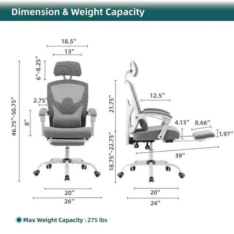 Chaise de bureau ergonomique avec repose-pieds, chaise de bureau en maille à dossier haut avec appui-tête réglable et support lombaire pour bureau à domicile, capacité de 125 kg