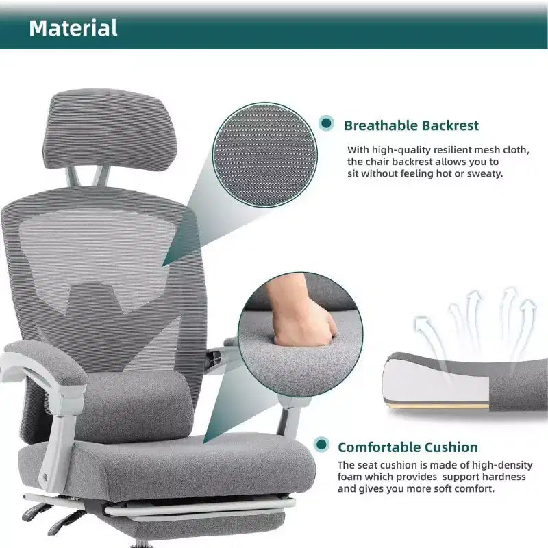 Chaise de bureau ergonomique avec repose-pieds, chaise de bureau en maille à dossier haut avec appui-tête réglable et support lombaire pour bureau à domicile, capacité de 125 kg