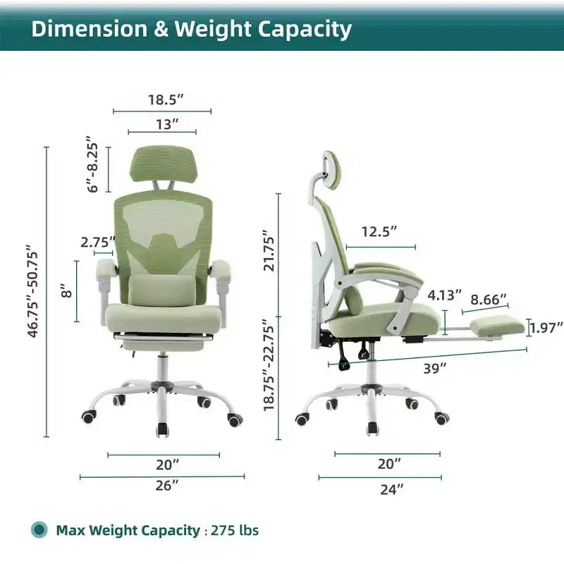 Chaise de bureau ergonomique avec repose-pieds, chaise de bureau en maille à dossier haut avec appui-tête réglable et support lombaire pour bureau à domicile, capacité de 125 kg