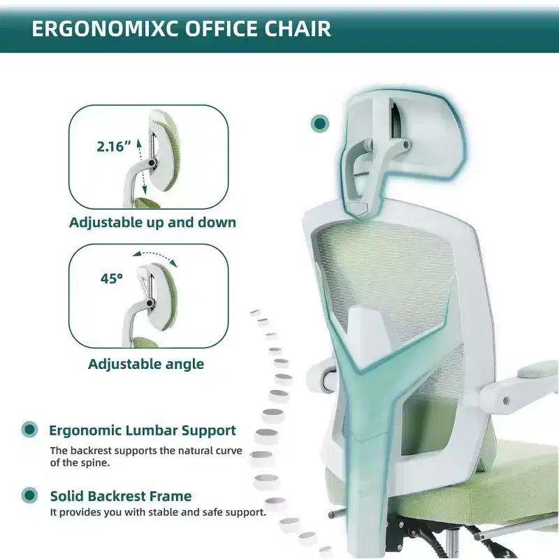 Chaise de bureau ergonomique avec repose-pieds, chaise de bureau en maille à dossier haut avec appui-tête réglable et support lombaire pour bureau à domicile, capacité de 125 kg