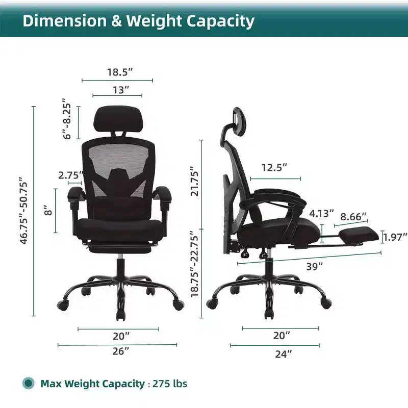 Chaise de bureau ergonomique avec repose-pieds, chaise de bureau en maille à dossier haut avec appui-tête réglable et support lombaire pour bureau à domicile, capacité de 125 kg