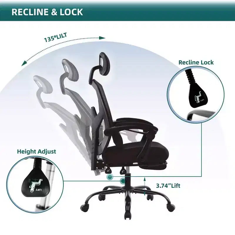 Chaise de bureau ergonomique avec repose-pieds, chaise de bureau en maille à dossier haut avec appui-tête réglable et support lombaire pour bureau à domicile, capacité de 125 kg