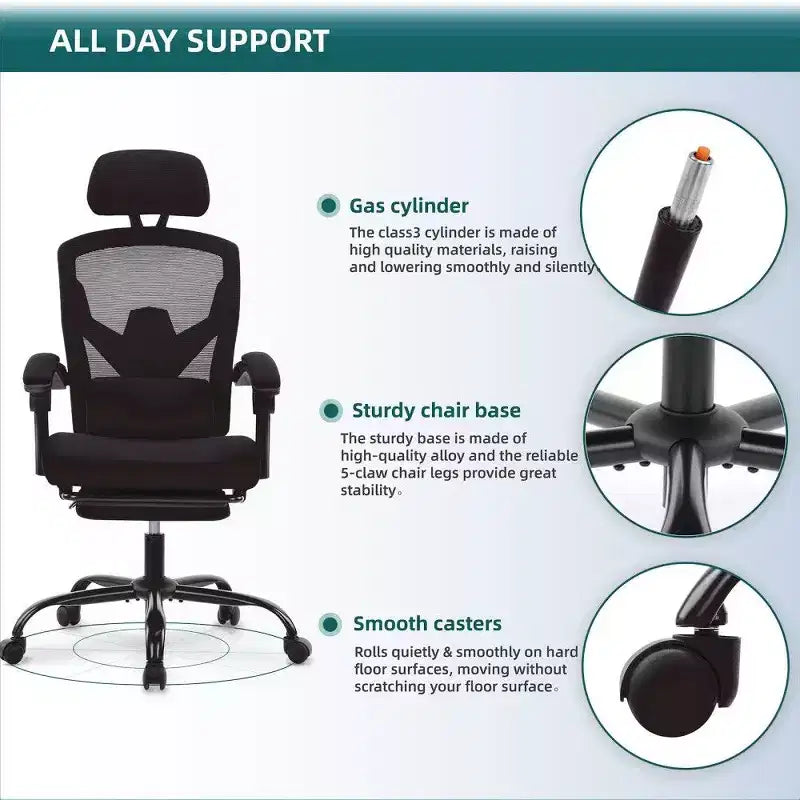 Chaise de bureau ergonomique avec repose-pieds, chaise de bureau en maille à dossier haut avec appui-tête réglable et support lombaire pour bureau à domicile, capacité de 125 kg