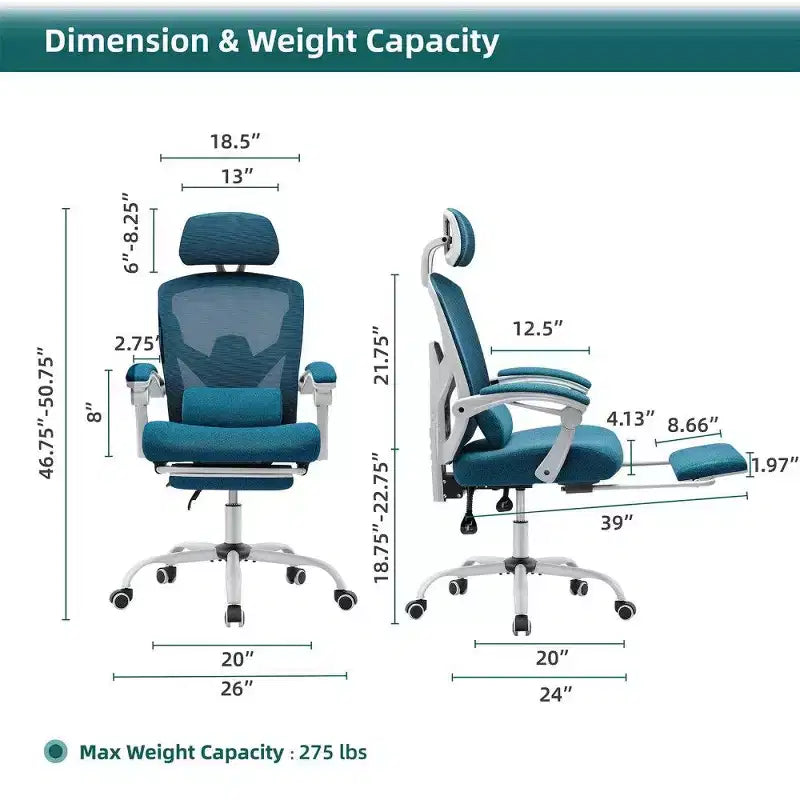 Chaise de bureau ergonomique avec repose-pieds, chaise de bureau en maille à dossier haut avec appui-tête réglable et support lombaire pour bureau à domicile, capacité de 125 kg