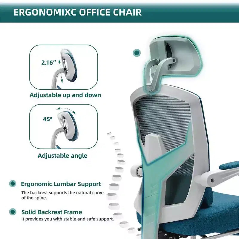 Chaise de bureau ergonomique avec repose-pieds, chaise de bureau en maille à dossier haut avec appui-tête réglable et support lombaire pour bureau à domicile, capacité de 125 kg