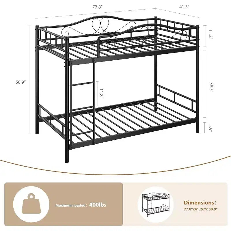 Lit superposé en métal jumeau sur jumeau, capacité de 181 kg avec garde-corps de sécurité, conception peu encombrante, pas besoin de sommier tapissier, assemblage facile, lit pour enfants silencieux