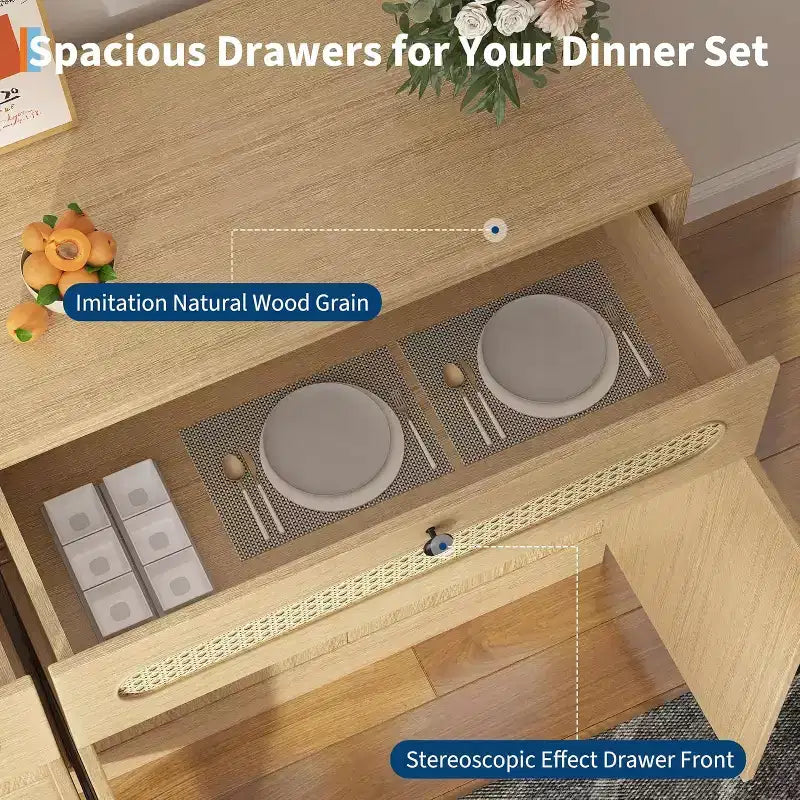 Buffet de 152 cm en rotin avec 2 tiroirs, 4 portes en rotin et étagères réglables