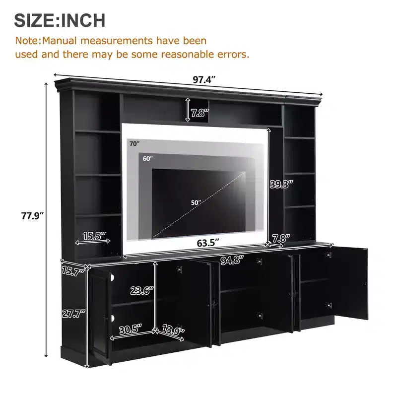 Meuble TV mural avec bibliothèque pour téléviseur 70", console multimédia avec pont, meuble TV avec étagère réglable