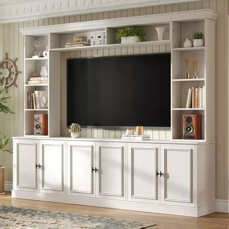 Meuble TV mural avec bibliothèque pour téléviseur 70", console multimédia avec pont, meuble TV avec étagère réglable
