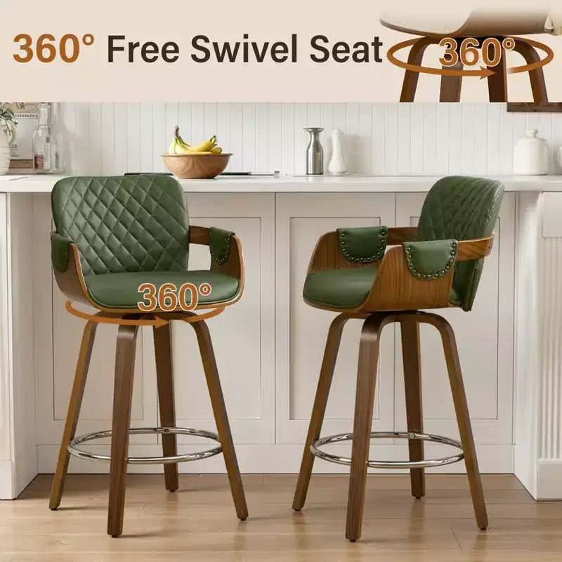 26 Swivel Counter Height Bar Stools Set of 1/2/3/4,Modern Faux Leather Upholstered with Back & Arm, Wood Legs, Bar Chairs for Kitchen Island