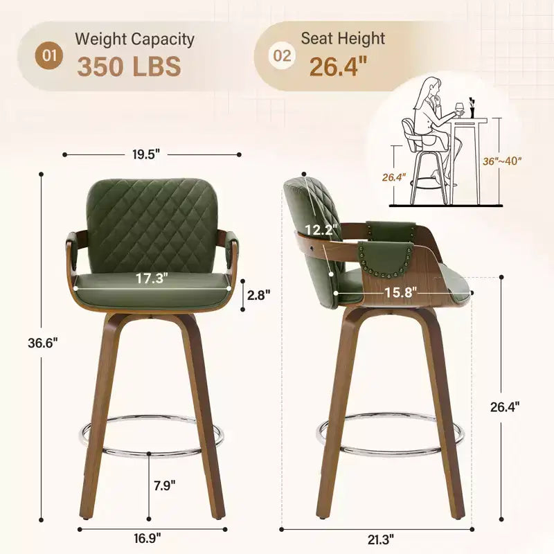 26 Swivel Counter Height Bar Stools Set of 1/2/3/4,Modern Faux Leather Upholstered with Back & Arm, Wood Legs, Bar Chairs for Kitchen Island