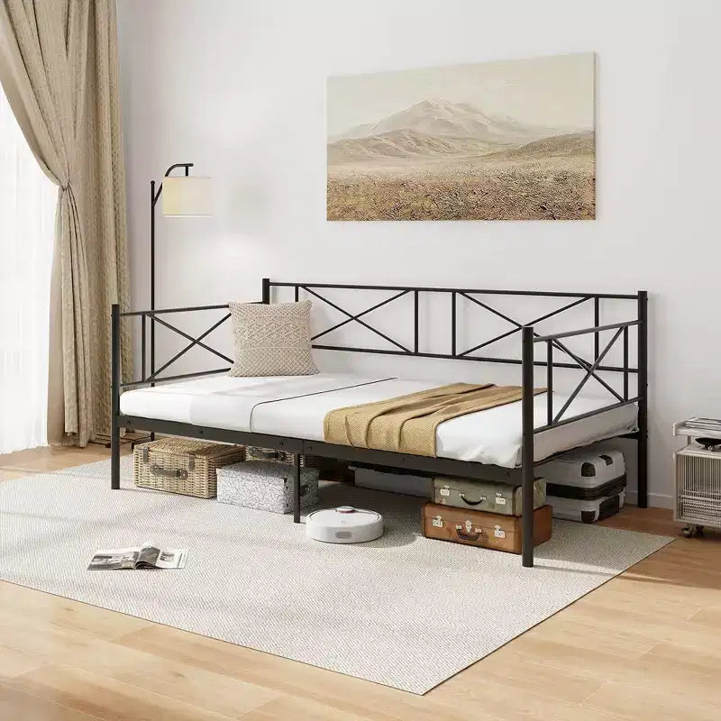 Lit de repos en métal une place, lit plateforme moderne avec support à lattes métalliques ultra-résistant