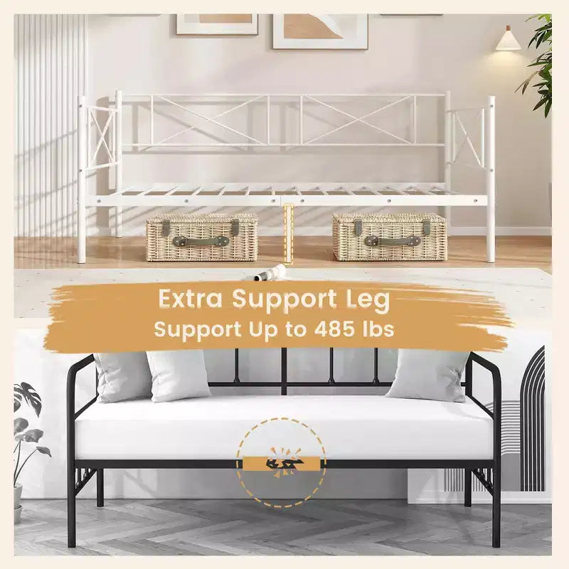 Lit de repos en métal une place, lit plateforme moderne avec support à lattes métalliques ultra-résistant