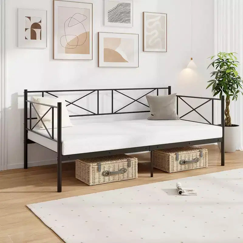 Lit de repos en métal une place, lit plateforme moderne avec support à lattes métalliques ultra-résistant