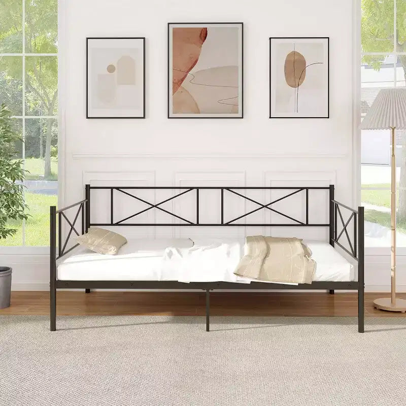 Lit de repos en métal une place, lit plateforme moderne avec support à lattes métalliques ultra-résistant