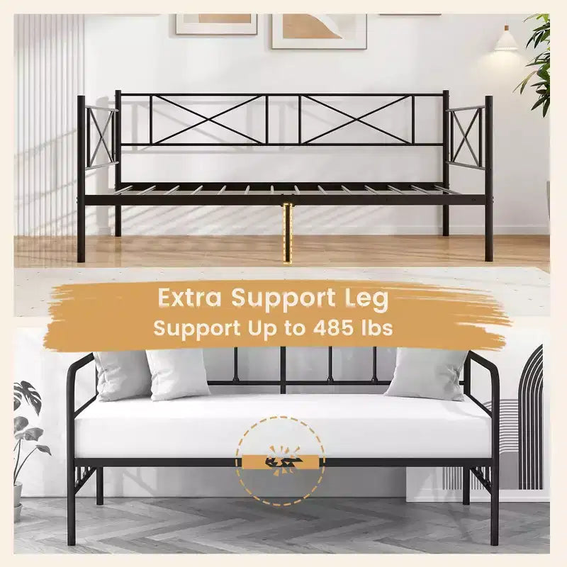 Lit de repos en métal une place, lit plateforme moderne avec support à lattes métalliques ultra-résistant