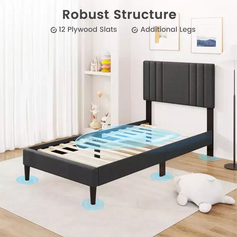 Cadre de lit double / intégral / queen-size avec tête de lit capitonnée à rainures verticales et lattes en bois
