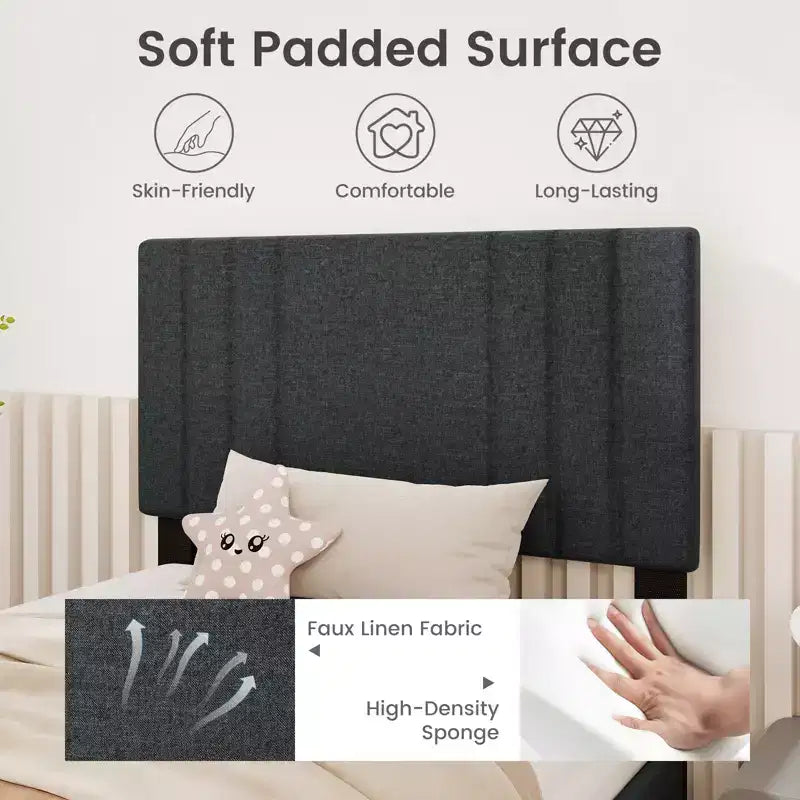 Cadre de lit double / intégral / queen-size avec tête de lit capitonnée à rainures verticales et lattes en bois