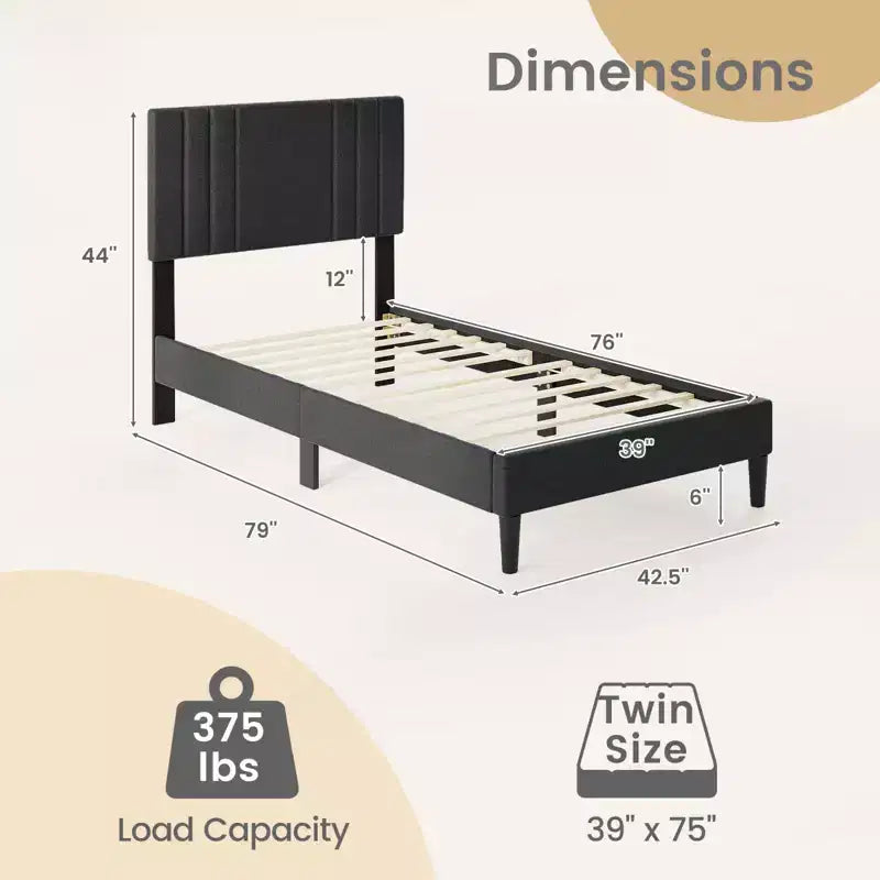 Cadre de lit double / intégral / queen-size avec tête de lit capitonnée à rainures verticales et lattes en bois