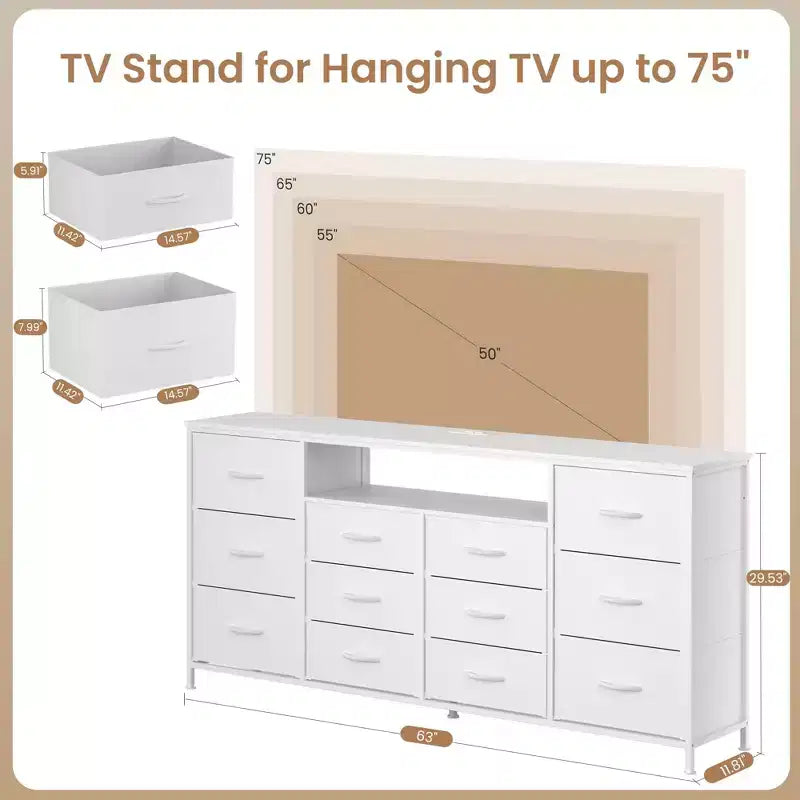Commode 12 tiroirs Meuble TV pour téléviseur 65 70 75 pouces 63 L Commode longue blanche pour chambre à coucher avec lumières LED et prises de courant Tiroirs en tissu pour placard