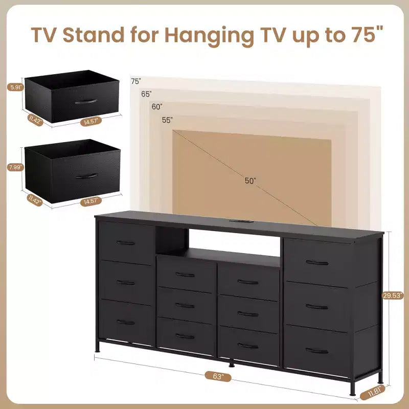 Commode 12 tiroirs Meuble TV pour téléviseur 65 70 75 pouces 63 L Commode longue blanche pour chambre à coucher avec lumières LED et prises de courant Tiroirs en tissu pour placard