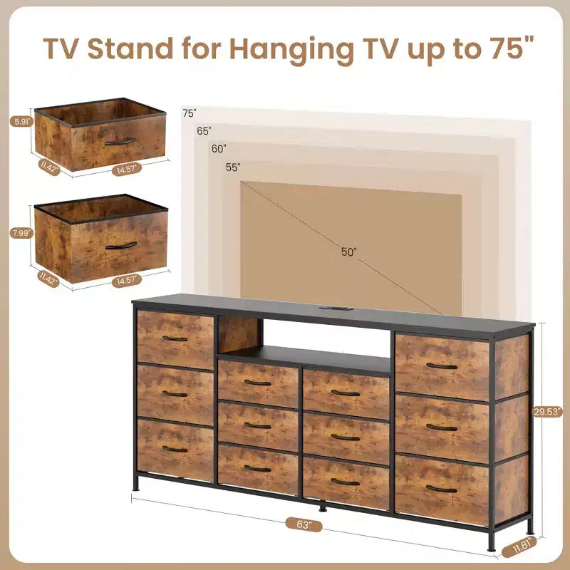 Commode 12 tiroirs Meuble TV pour téléviseur 65 70 75 pouces 63 L Commode longue blanche pour chambre à coucher avec lumières LED et prises de courant Tiroirs en tissu pour placard
