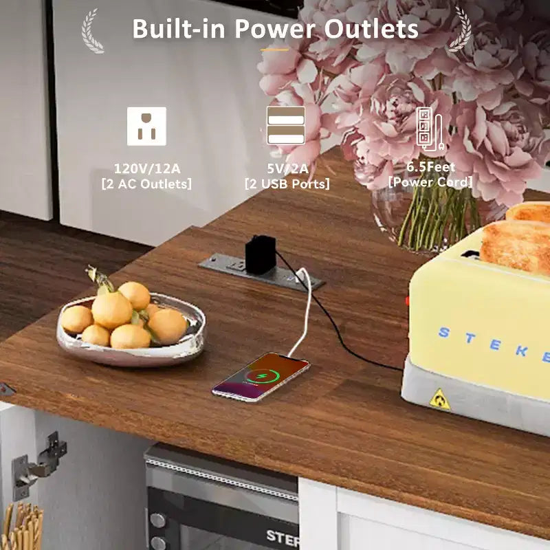 Ilot de cuisine de ferme avec prise de courant, Ilot de rangement de cuisine avec abattant, Desserte de cuisine roulante avec étagère de rangement interne