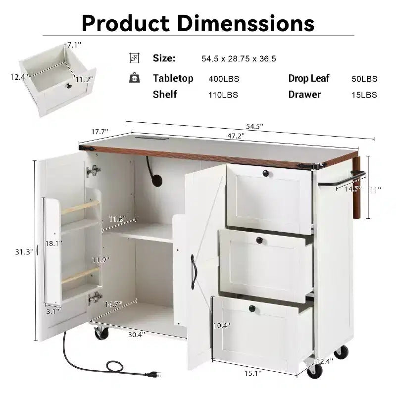 Ilot de cuisine de ferme avec prise de courant, Ilot de rangement de cuisine avec abattant, Desserte de cuisine roulante avec étagère de rangement interne