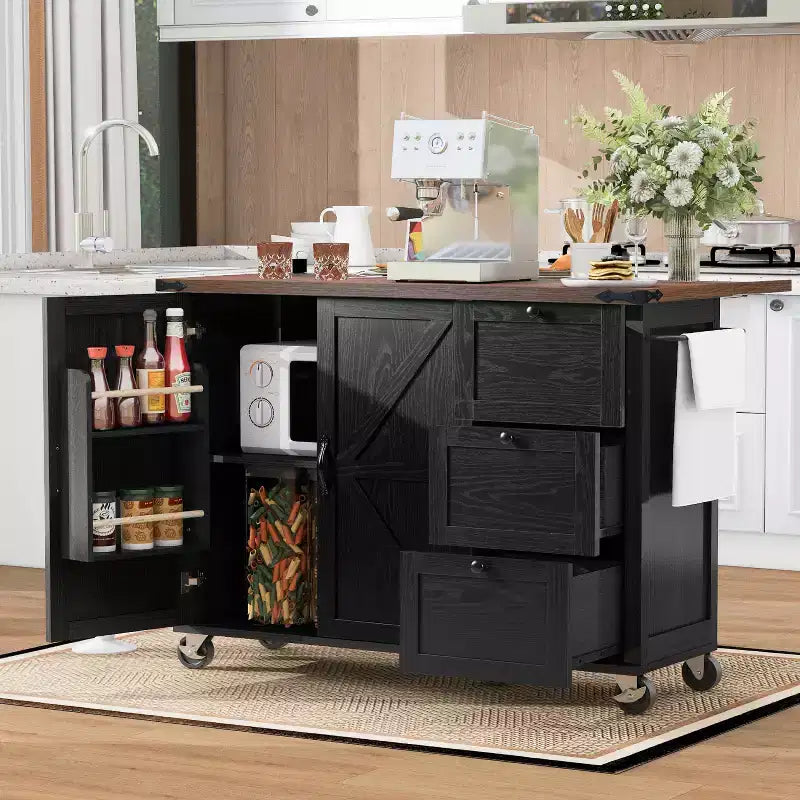 Ilot de cuisine de ferme avec prise de courant, Ilot de rangement de cuisine avec abattant, Desserte de cuisine roulante avec étagère de rangement interne