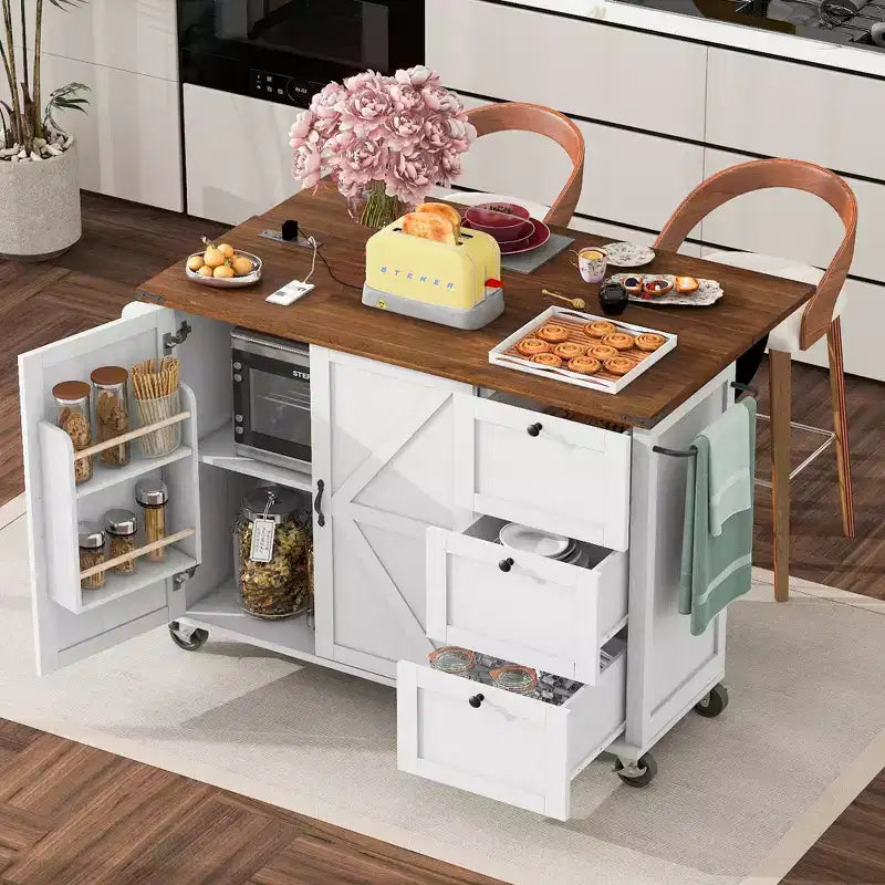 Ilot de cuisine de ferme avec prise de courant, Ilot de rangement de cuisine avec abattant, Desserte de cuisine roulante avec étagère de rangement interne