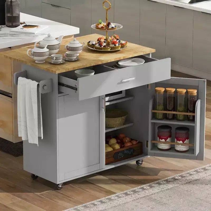 Dessertes de cuisine roulantes avec rangement, îlots de cuisine sur roulettes avec étagère tour réglable, chariots de cuisine avec plateau en bois et étagère de rangement