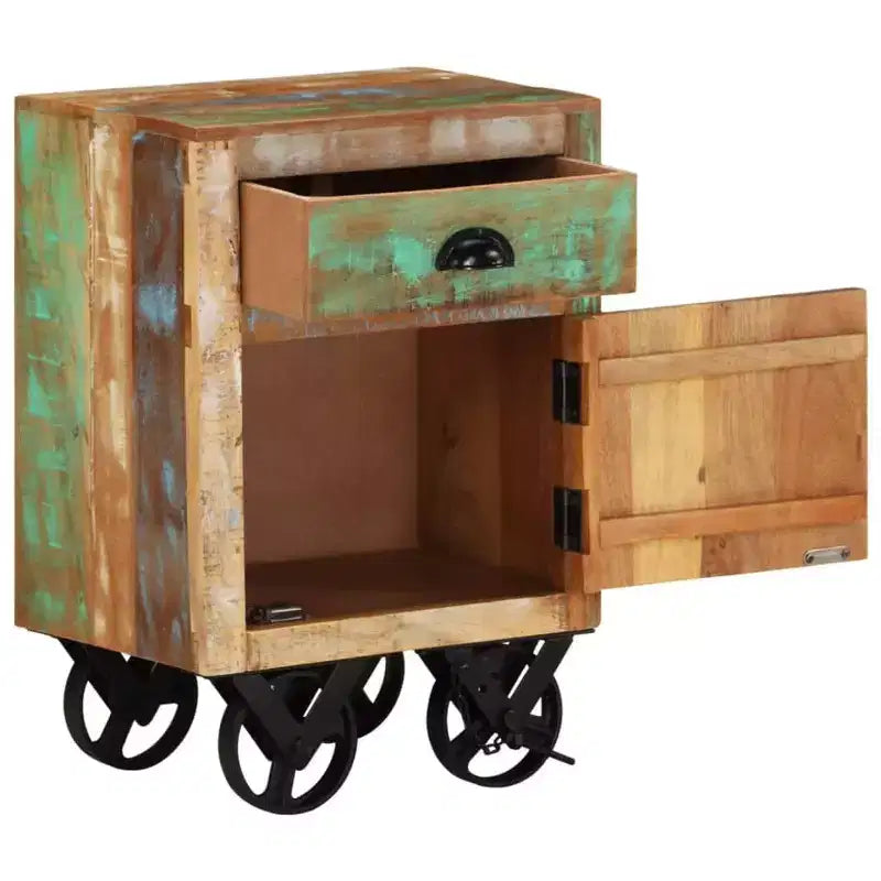Table de chevet à roulettes 40x30x57 cm en bois massif de récupération