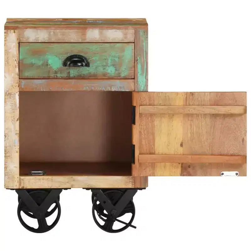 Table de chevet à roulettes 40x30x57 cm en bois massif de récupération
