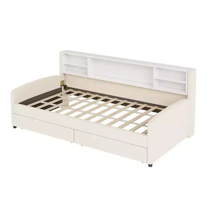 Cadre de lit de repos double avec 2 tiroirs de rangement et rangement latéral, lit double en velours pour enfants et tout-petits