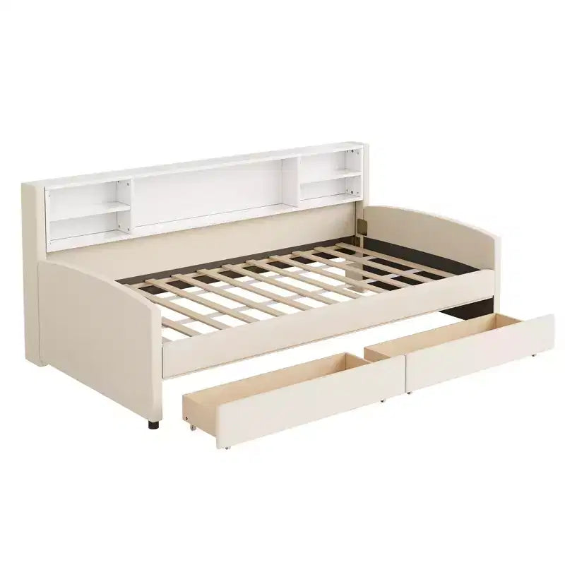 Cadre de lit de repos double avec 2 tiroirs de rangement et rangement latéral, lit double en velours pour enfants et tout-petits
