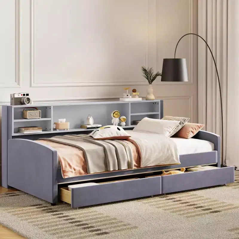 Cadre de lit de repos double avec 2 tiroirs de rangement et rangement latéral, lit double en velours pour enfants et tout-petits