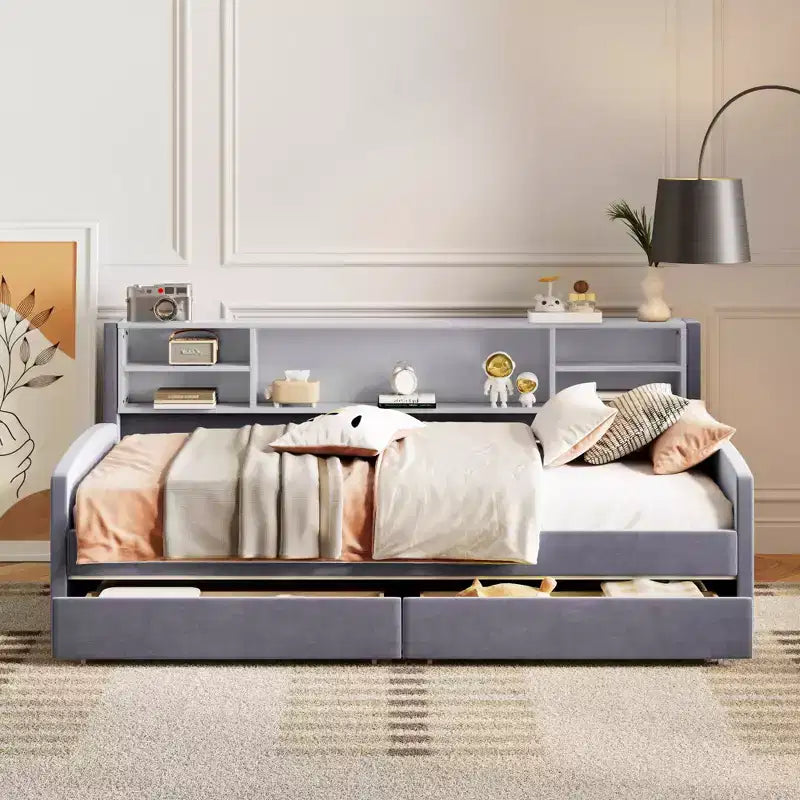 Cadre de lit de repos double avec 2 tiroirs de rangement et rangement latéral, lit double en velours pour enfants et tout-petits