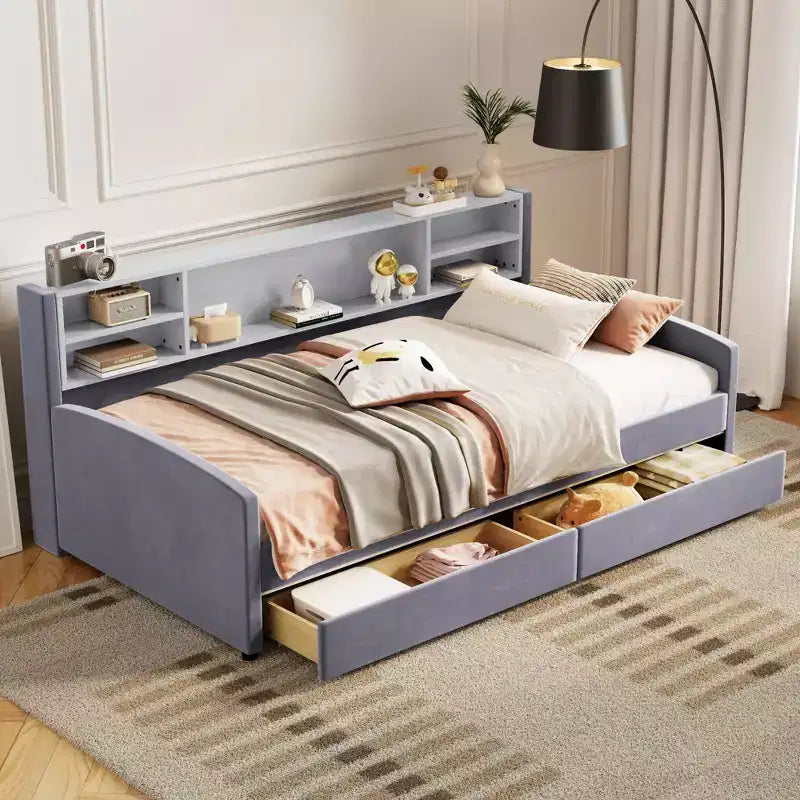 Cadre de lit de repos double avec 2 tiroirs de rangement et rangement latéral, lit double en velours pour enfants et tout-petits