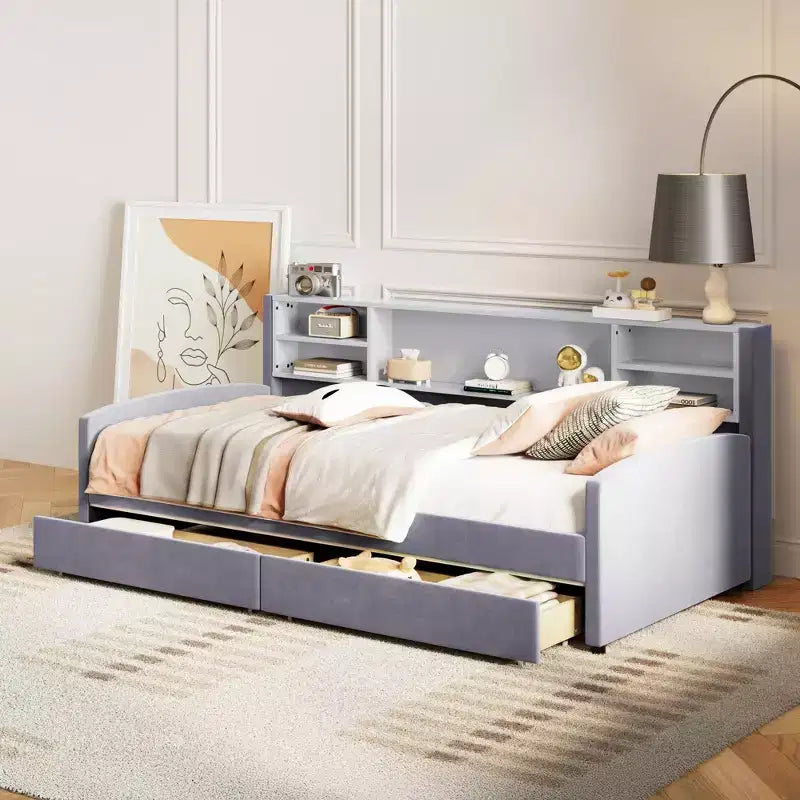 Cadre de lit de repos double avec 2 tiroirs de rangement et rangement latéral, lit double en velours pour enfants et tout-petits