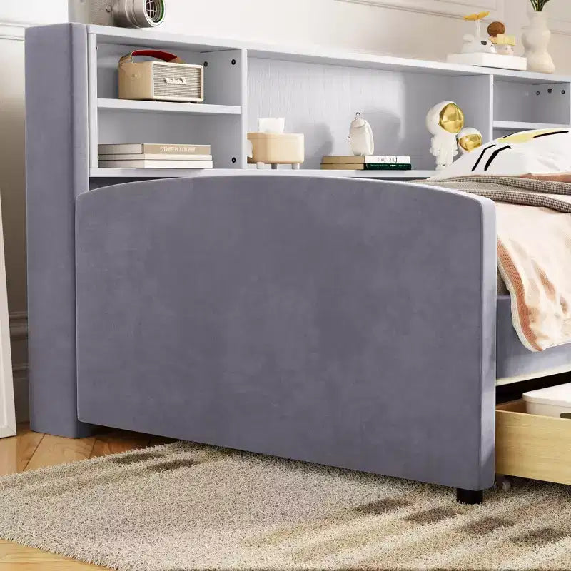 Cadre de lit de repos double avec 2 tiroirs de rangement et rangement latéral, lit double en velours pour enfants et tout-petits