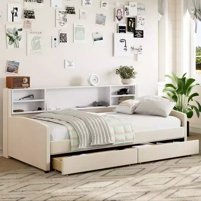 Cadre de lit de repos double avec 2 tiroirs de rangement et rangement latéral, lit double en velours pour enfants et tout-petits