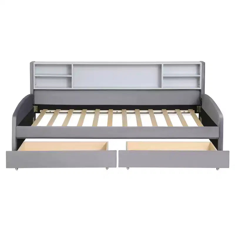 Cadre de lit de repos double avec 2 tiroirs de rangement et rangement latéral, lit double en velours pour enfants et tout-petits