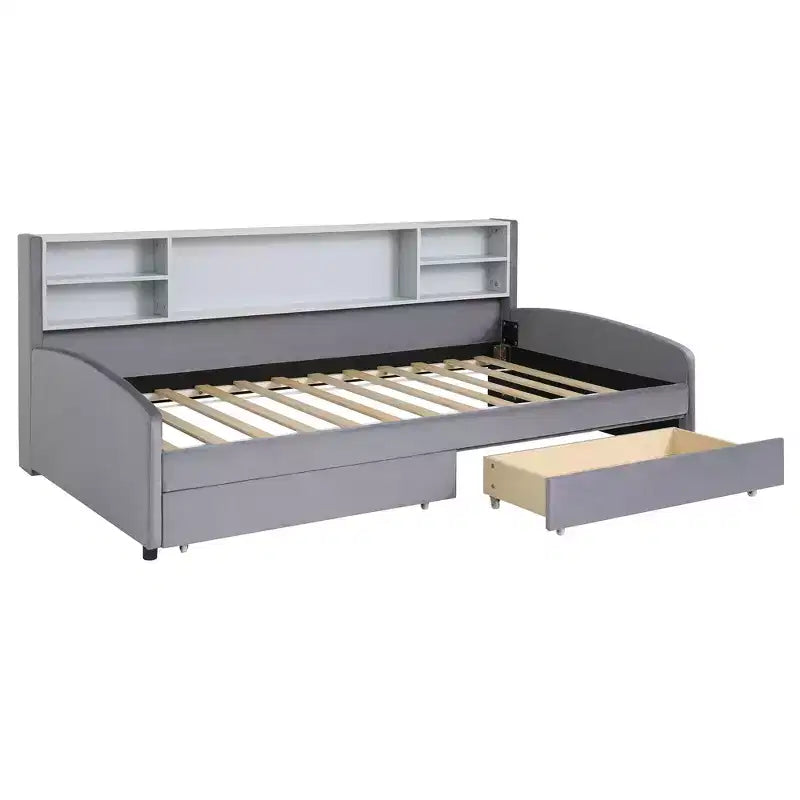 Cadre de lit de repos double avec 2 tiroirs de rangement et rangement latéral, lit double en velours pour enfants et tout-petits